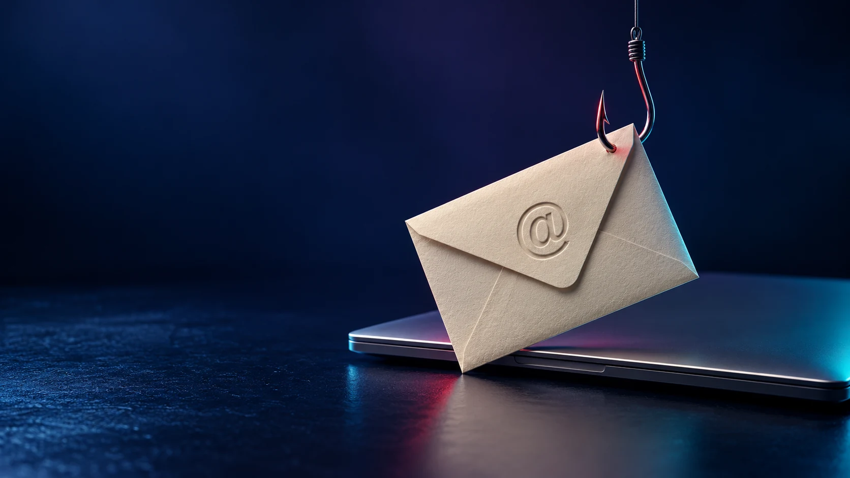 Email envelope on a phishing hook above a laptop